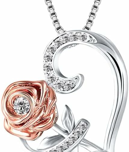 1 Pièce Collier Femme Gravé en Argent 925 Pendentif Cœur et Rose avec Pierre