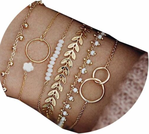 Jovono Lot de 6 bracelets bohème superposés en perles dorées avec chaîne de m