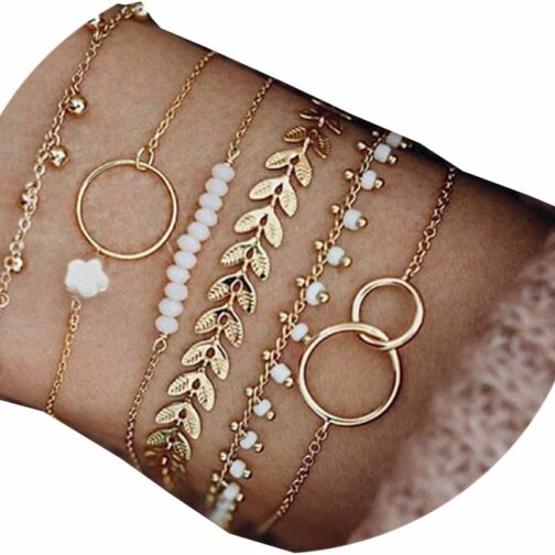 Jovono Lot de 6 bracelets bohème superposés en perles dorées avec chaîne de m