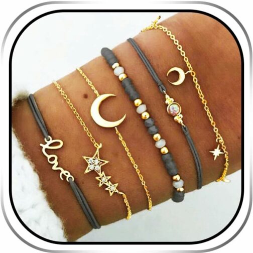 Edary Lot de 6 bracelets boho Étoiles et lune en cristal et pierres précieuse