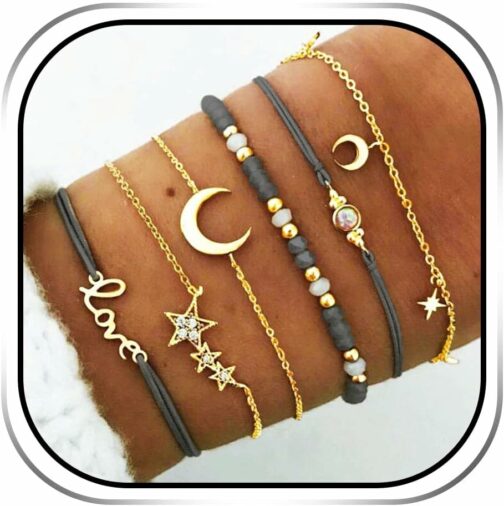Edary Lot de 6 bracelets boho Étoiles et lune en cristal et pierres précieuse
