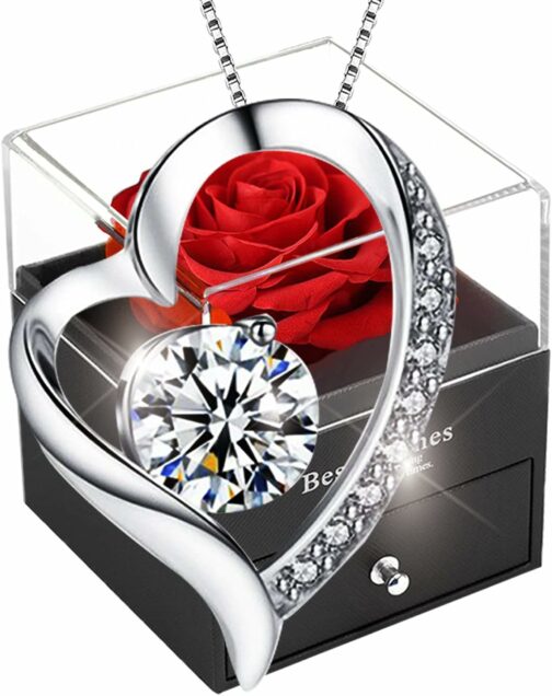 Rose eternelle avec Bijoux Argent 925,Collier Femme boîte de Roses,Pendentif