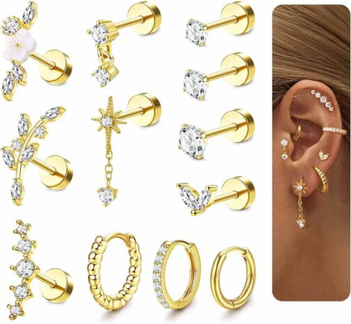 Adramata 12Pcs 16G Piercing Helix Boucles d'Oreilles Femme Acier Inoxydable O