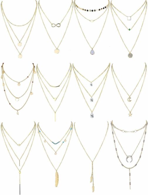 Finrezio 12 Pièces Collier Multirangs pour Femme Long Ras De Cou Collier Pend