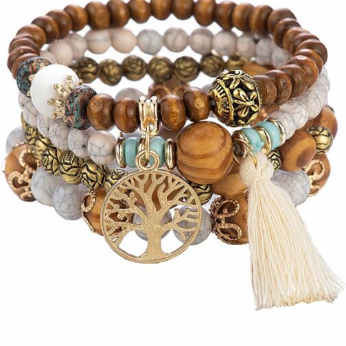 SHUBEIEUMI Bracelet Perles Bois pour Femme, Lot de 4 Bracelets Style Bohème,