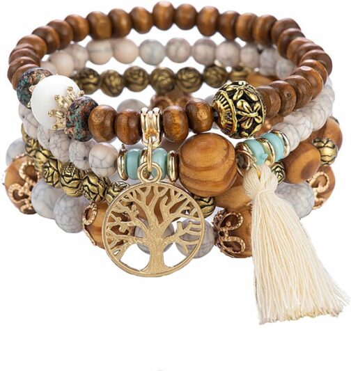 SHUBEIEUMI Bracelet Perles Bois pour Femme, Lot de 4 Bracelets Style Bohème,
