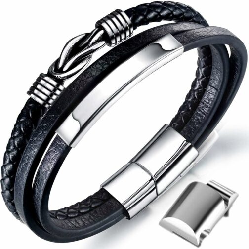 Gkmamrg Bracelet en cuir noir pour homme - Bracelet large tressé en cuir véri