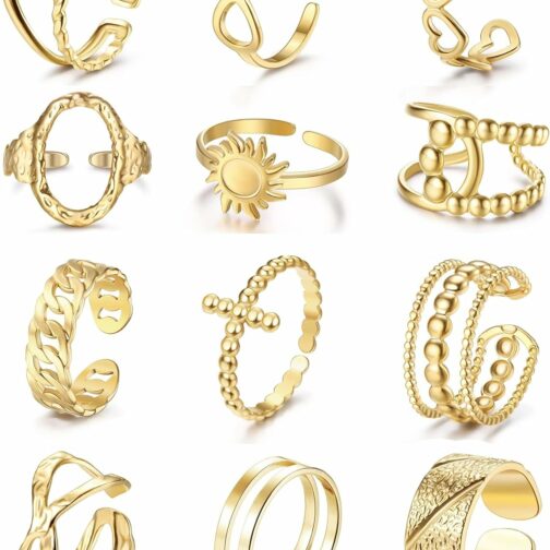 Adramata 12 Pcs Bague Femme Acier Inoxydable Bague Rétro Vintage Réglable Bag