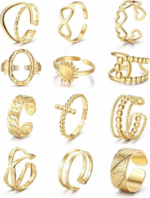 Adramata 12 Pcs Bague Femme Acier Inoxydable Bague Rétro Vintage Réglable Bag