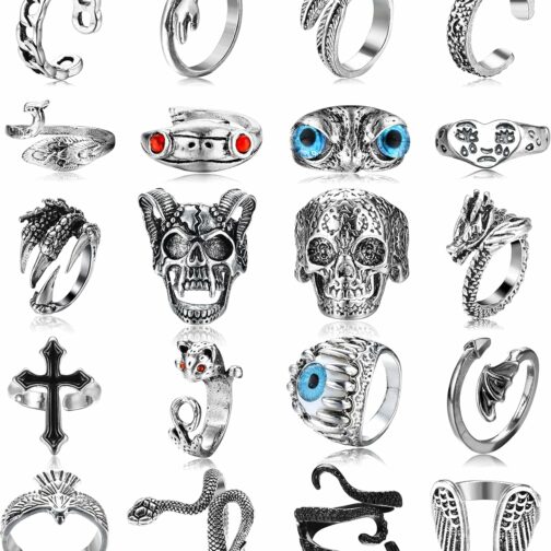 JeryWe 16-20Pcs Bague Homme Anneaux Gothique Open Punk Vintage Bague Ensemble