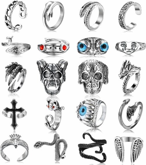 JeryWe 16-20Pcs Bague Homme Anneaux Gothique Open Punk Vintage Bague Ensemble