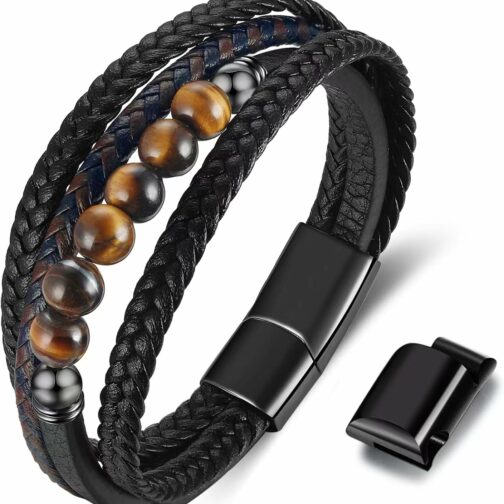 Gkmamrg Bracelet Pierre en cuir noir - Bracelet pour homme