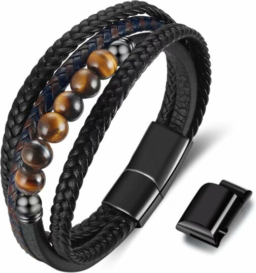Gkmamrg Bracelet Pierre en cuir noir - Bracelet pour homme