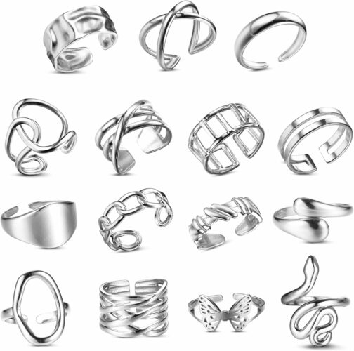 LOLIAS 16 Pièces Bague Argent Femme Acier Inoxydable